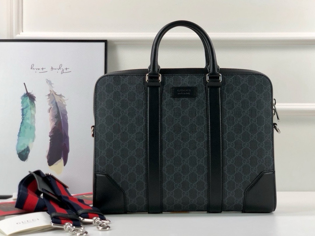 Gucci Briefcase black/gray GG with black leather and blue/red strap model 474135 PVC